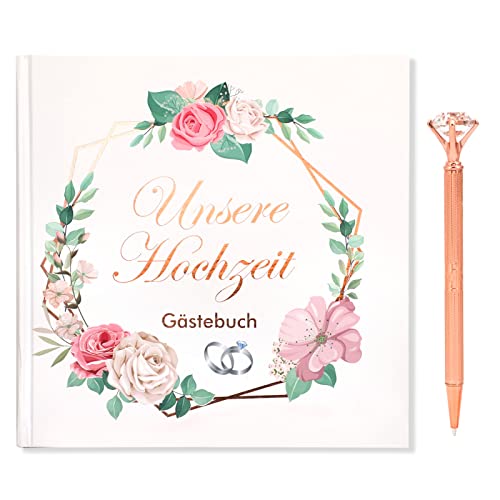 DPKOW Unsere Hochzeit Gästebuch, Glitzer Blumen Hochzeitsbuch für Erinnerungsbuch Album zum Hochzeit Geschenk, 60 Seiten Blanko Hochzeitsgästebuch mit Roségold Kristall Kugelschreiber von DPKOW