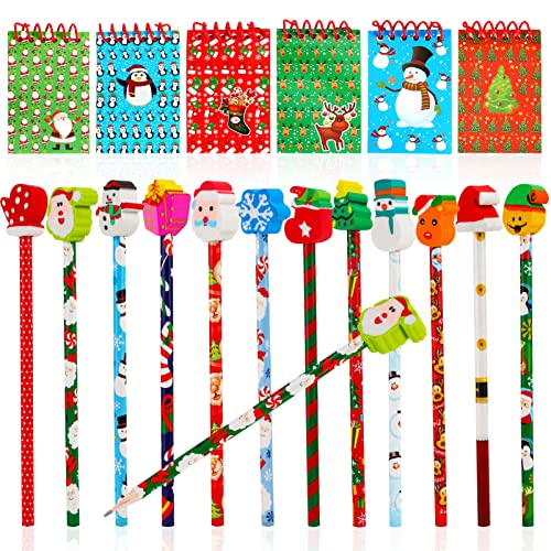 DPKOW Klein Weihnachts Notizblock und Bleistift mit Radiergummi für Kinder, Schule, Bürobedarf - Weihnachten, Kindergeburtstag, Gastgeschenke - 12 Stück von DPKOW