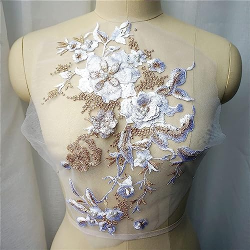Spitzenapplikationen, weiß, blau, lila, grau, 3D-Blumen, Perlen, Strass-Applikationen, bestickte Hochzeitskleid-Dekoration, Netz-Nähflicken for Kleid, DIY (rot)(Bianco) von DPSQQ