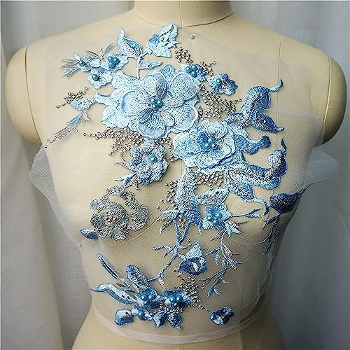 Spitzenapplikationen, weiß, blau, lila, grau, 3D-Blumen, Perlen, Strass-Applikationen, bestickte Hochzeitskleid-Dekoration, Netz-Nähflicken for Kleid, DIY (rot)(Blu) von DPSQQ