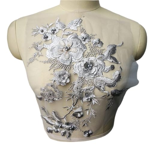 Spitzenapplikationen, weiß, blau, lila, grau, 3D-Blumen, Perlen, Strass-Applikationen, bestickte Hochzeitskleid-Dekoration, Netz-Nähflicken for Kleid, DIY (rot)(Grijs) von DPSQQ