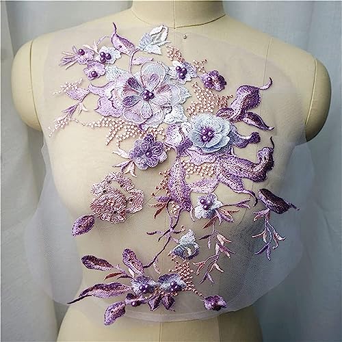 Spitzenapplikationen, weiß, blau, lila, grau, 3D-Blumen, Perlen, Strass-Applikationen, bestickte Hochzeitskleid-Dekoration, Netz-Nähflicken for Kleid, DIY (rot)(Purple) von DPSQQ