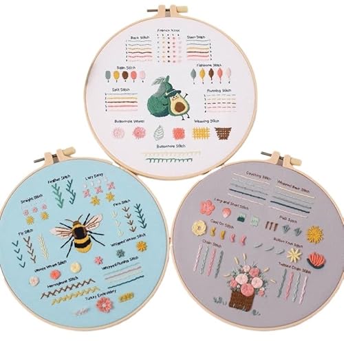 DQZRTUECA Hand Stickerei Kit, 3 Sets Stickerei Kits for Anfänger und Erwachsene gestempelt Blume Muster Themen Tools Guide(S239,With 1 hoop) von DQZRTUECA