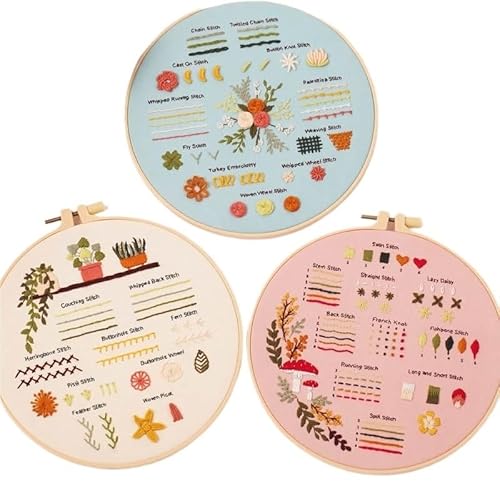 DQZRTUECA Hand Stickerei Kit, 3 Sets Stickerei Kits for Anfänger und Erwachsene gestempelt Blume Muster Themen Tools Guide(S240,With 1 hoop) von DQZRTUECA