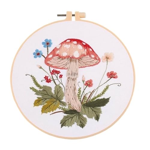 DQZRTUECA Hand Stickerei Kit, Kreuzstich-Starterset mit gestempeltem Pilzmotiv, mehrfarbig, 27 x 27 cm(B 20x20cm,With Hoop) von DQZRTUECA