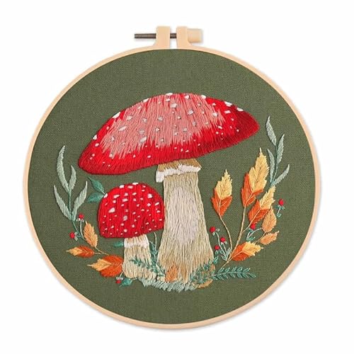 DQZRTUECA Hand Stickerei Kit, Kreuzstich-Starterset mit gestempeltem Pilzmotiv, mehrfarbig, 27 x 27 cm(C 20x20cm,With Hoop) von DQZRTUECA