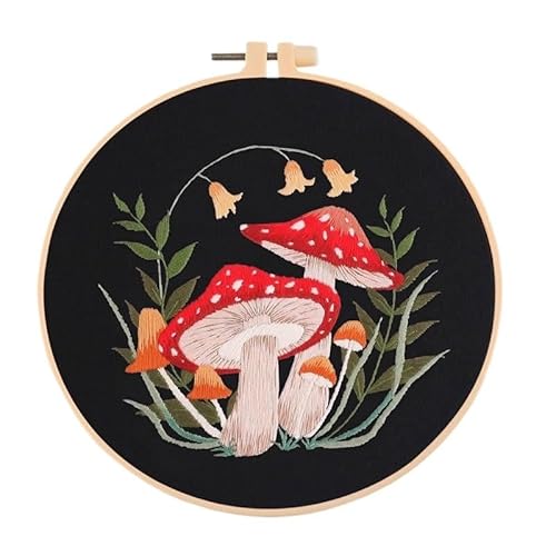 DQZRTUECA Hand Stickerei Kit, Kreuzstich-Starterset mit gestempeltem Pilzmotiv, mehrfarbig, 27 x 27 cm(F 20x20cm,With Hoop) von DQZRTUECA