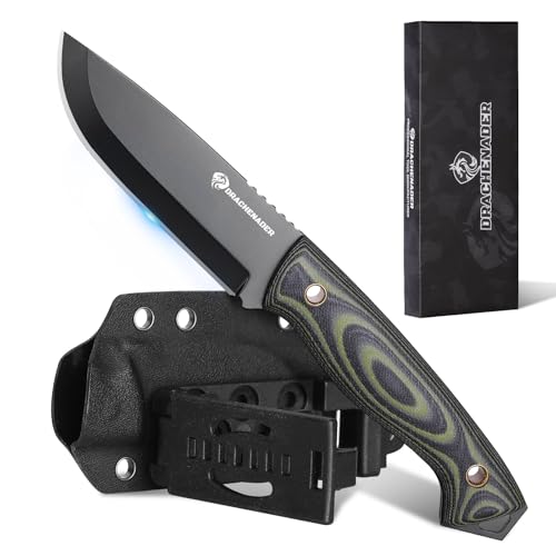 DRACHENADER AQUILA-X Outdoor Messer Survival, Gürtelmesser D2 Edelstahl mit Kydex-Scheide quer, 10,7 cm Klingenlänge, Full Tang, Klinge Schwarz + G10 Griff Grün von DRACHENADER