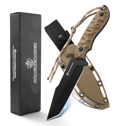 DRACHENADER Tanto Messer B-ER-TANTO POINT, Jagdmesser 13 cm Klingenlänge, 5Cr14MoV Stahl, Full Tang Messer Outdoor, Gürtelmesser mit Scheide, Schwarze Klinge + Khaki ABS Griff von DRACHENADER