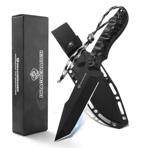 DRACHENADER Tanto Messer B-ER-TANTO POINT, Jagdmesser 13 cm Klingenlänge, 5Cr14MoV Stahl, Full Tang Messer Outdoor, Gürtelmesser mit Scheide und ABS Griff, Vollschwarz von DRACHENADER