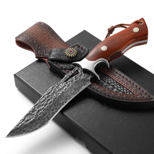 DRACHENADER Damast Jagdmesser Outdoor Messer Holzgriff mit Scheide aus echtem Leder, handgeschmiedeter Echter Damaststahl Gürtelmesser Überlebensmesser feststehend Holzgriff von DRACHENADER