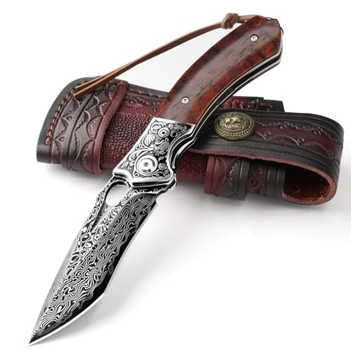 DRACHENADER Damast Taschenmesser HB-DMSG-PT-SSD, Klappmesser (Liner Lock) aus damaststahl, Messer mit Lederscheide, Taschen-Clip, Holzgriff (Ohne Flipper) von DRACHENADER