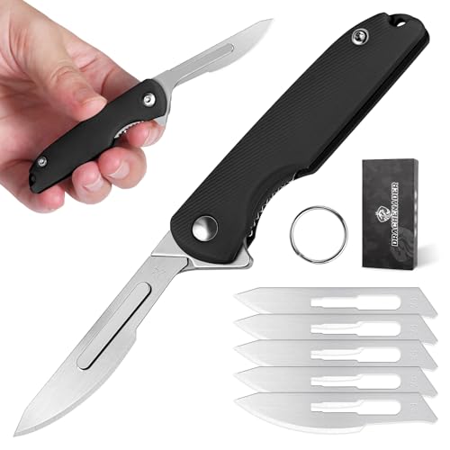 DRACHENADER Einhandmesser Skalpell Klein, Taschenmesser mit 5 Austauschbaren Klingen Figur 24, sicher Liner Lock, Schlüsselanhänger Messer, Mini Klappmesser für Frauen Mann (A- Schwarz) von DRACHENADER