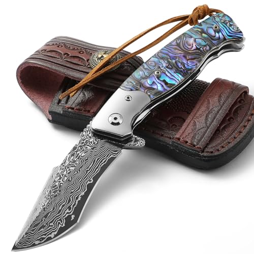 DRACHENADER Damast Taschenmesser Damaststahl Abalone Schale Griff mit echter Lederscheide Damast Messer Klappmesser Einhandmesser Geschenk für Männer, Vollständig CNC gefräst,Blau, groß und schwer DRACHENADER Damast Taschenmesser Damaststahl Abalone Schale Griff mit echter Lederscheide Damast Messer Klappmesser Einhandmesser Geschenk für Männer, Vollständig CNC gefräst,Blau, groß und schwer von DRACHENADER
