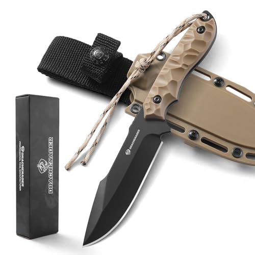 DRACHENADER Gürtelmesser B-ER-DROP POINT, 12, 8 cm Klingenlänge Jagdmesser, 5Cr14MoV Stahl, Messer Outdoor mit Scheide, Klinge Schwarz + ABS Griff Khaki von DRACHENADER