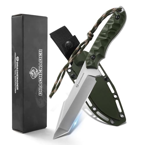 DRACHENADER Tanto Messer B-ER-TANTO POINT, Jagdmesser 13 cm Klingenlänge, 5Cr14MoV Stahl, Full Tang Messer Outdoor, Gürtelmesser mit ABS-Griff für Camping, Wandern (E-Klinge Silber- Grün) von DRACHENADER