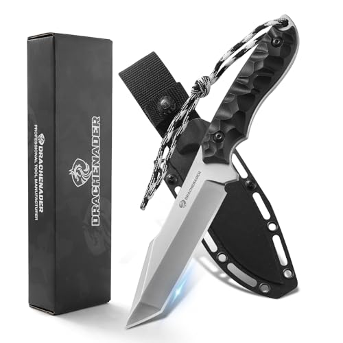 DRACHENADER Tanto Messer B-ER-TANTO POINT, Jagdmesser 13 cm Klingenlänge, 5Cr14MoV Stahl, Full Tang Messer Outdoor, Gürtelmesser mit ABS-Griff für Camping, Wandern (F-Klinge Silber-Schwarz Griff) von DRACHENADER