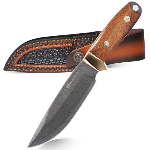 DRACHENADER Jagdmesser, Gürtelmesser mit 13,5 cm Klinge aus 8Cr13MoV Stahl, Outdoor Messer Feststehend mit Lederscheide, Holzgriff für Camping, Wandern von DRACHENADER