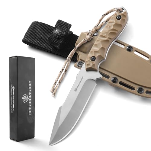 DRACHENADER Jagdmesser Feststehende Klinge B-ER-DROP POINT, Gürtelmesser 12, 8 cm Klingenlänge, 5Cr14MoV Stahl, Messer Outdoor mit Scheide, Klinge Silber - ABS Griff Khaki von DRACHENADER