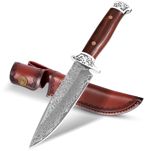 DRACHENADER Jagdmesser H-Y, VG10 Damaststahl – 67 Lagen, Handgeschmiedet, 15 cm Feststehende Klinge, Holzgriff, Gürtelmesser mit Lederscheide, Outdoor-Messer für Camping von DRACHENADER
