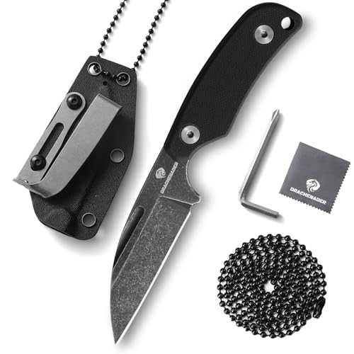 DRACHENADER Klein Neck Knife, D2 Stahl, 7,6 cm Sheepfoot Klinge, Full Tang, Kleines Messer mit Kydex-Scheide, Kugelkette und Gürtelclip, Blackwash-Finish Klinge + Schwarz Griff von DRACHENADER