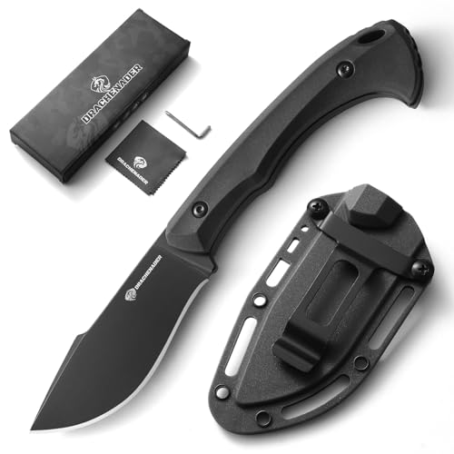 DRACHENADER L-Y Gürtelmesser, Outdoor Messer Survival 8, 8 cm Klingenlänge, 5Cr13MoV Edelstahl Full Tang, Feststehende Klinge mit ABS Scheide und Gürtel-Clip, Voll-Schwarz von DRACHENADER