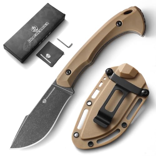 DRACHENADER Outdoor Messer L-Y, Jagdmesser Feststehende Klinge mit ABS Scheide und Gürtelclip, 5Cr13MoV Edelstahl Full Tang Gürtelmesser, Blackwash Finish Klinge-Khaki Griff von DRACHENADER
