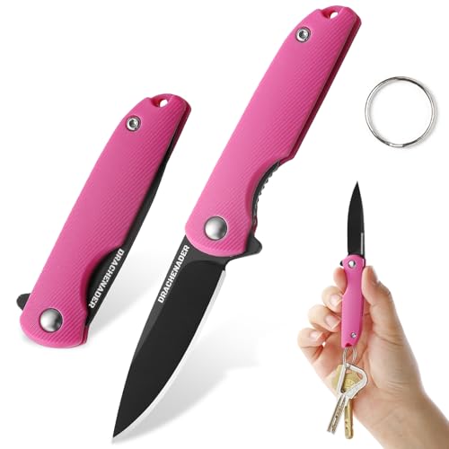 DRACHENADER Mini Klappmesser, Taschenmesser 5, 2 cm Klingenlänge, 5cr13mov Stahl Einhandmesser, Klein Schlüsselanhänger Messer für Frauen Outdoor, Klinge Schwarz- Knallpink Griff von DRACHENADER