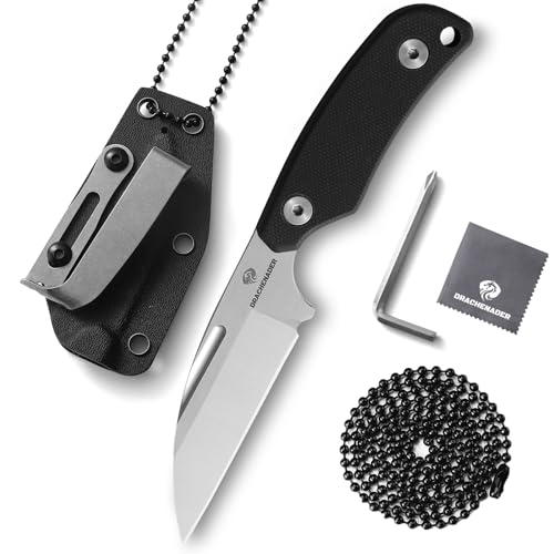 DRACHENADER Neck Knife Messer, Messer feststehende Klinge, mit G10 Griff und Gürtelclip, Outdoor Messer Gürtelmesser klein, D2 Stahl Klinge silber + G10 Griff schwarz von DRACHENADER