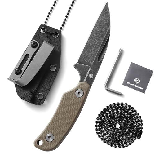 DRACHENADER Neck Knife, D2 Stahl, Sheepfoot Full Tang Klinge 7,6 cm, Kleines Messer mit Kydex-Scheide, Kugelkette und Gürtel-Clip, Blackwash-Finish Klinge und G10 Khaki Griff von DRACHENADER