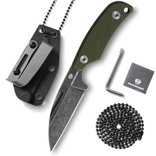DRACHENADER Schafsfuß Neck Knife Messer mit D2 Stahl Necklace und clip, 5.82“ Full Tang Feststehendes Messer (Blackwash-Finish Klinge + Grüner Griff, S2- Grüner Griff) von DRACHENADER