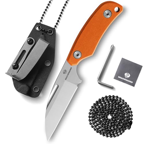 DRACHENADER Schafsfuß Neck Knife Messer mit D2 Stahl Necklace und clip, 5.82“ Full Tang Feststehendes Messer (Klinge Silber, S3-Griff Orange) von DRACHENADER