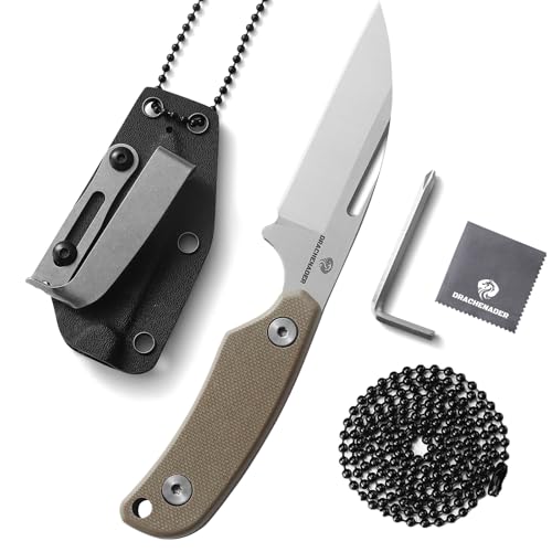 DRACHENADER Neck Knife Messer, Kleines Outdoor Gürtelmesser D2 Stahl, Sheepfoot Full Tang Klinge mit Kydex-Scheide, Kugelkette und Gürtel-Clip, Klinge Silber + G10 Griff Khaki von DRACHENADER