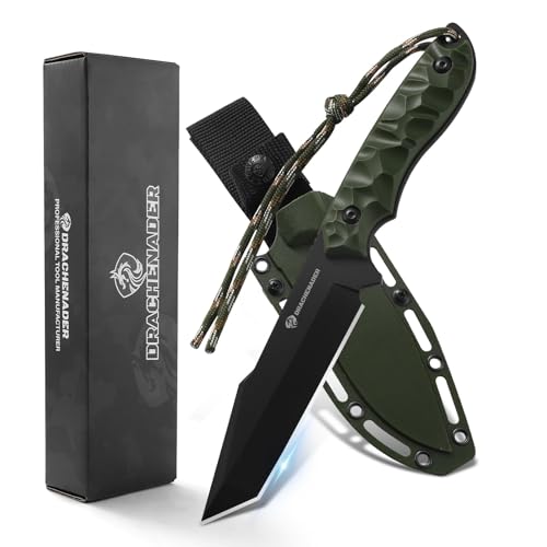 DRACHENADER Tanto Messer B-ER-TANTO POINT, Jagdmesser 13 cm Klingenlänge, 5Cr14MoV Stahl, Full Tang Messer Outdoor, Gürtelmesser mit Scheide, Schwarze Klinge + Grüner ABS Griff von DRACHENADER