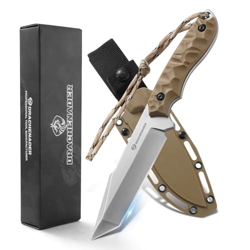 DRACHENADER Tanto Messer B-ER-TANTO POINT, Jagdmesser 13 cm Klingenlänge, 5Cr14MoV Stahl, Full Tang Messer Outdoor, Gürtelmesser mit ABS-Griff für Camping, Wandern (D-Klinge Silber-Khaki) von DRACHENADER