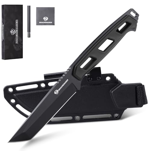 DRACHENADER Tanto Messer SOLIXAR, Jagdmesser 10 cm Klingenlänge, Outdoor Survival Gürtelmesser, Feststehende Klinge aus 5Cr13MoV Stahl, mit Feuerstahl und ABS-Scheide, Vollschwarz von DRACHENADER