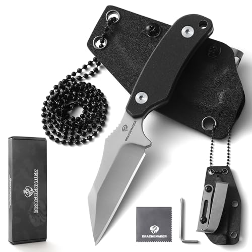 DRACHENADER X-WH Neck Knife, Wharncliffe D2 Stahl, 7,6 Cm Klinge, Full Tang, Kleines Messer Mit Kydex-Scheide, Kugelkette Und Gürtelclip, Silberne Klinge- Schwarzer G10 Griff von DRACHENADER