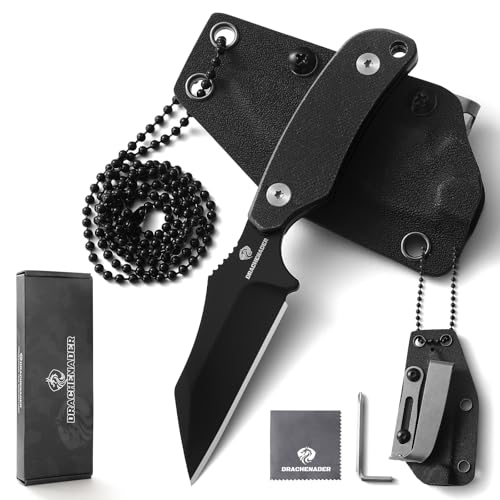 DRACHENADER X-WH Neck Knife Mini, Wharncliffe D2 Stahl, 7, 6 cm Klingenlänge, Full Tang, G10 Griff, kleines Messer mit Kydex-Scheide, Kugelkette und Gürtelclip, Vollschwarz von DRACHENADER