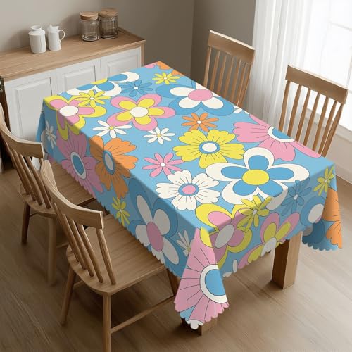 DRAVVIX Gänseblümchen, Retro-Tischdecke, rechteckig, Blumen-Tischdecke mit gewellter Spitzenbordüre, Polyester-Tischdecke für Esszimmer, Partys, 137,2 x 183,9 cm von DRAVVIX