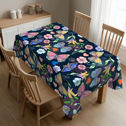 DRAVVIX Rechteckige Tischdecke mit Schmetterlingen, buntes Blumenmuster, Tischdecke mit gewellter Spitzenbordüre, Polyester-Tischdecke für Esszimmer, Partys, 137,2 x 183,9 cm von DRAVVIX