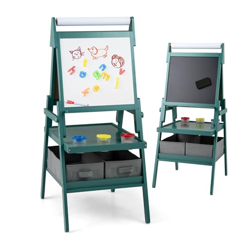 DREAMADE 3 in 1 Kinder Staffelei, doppelseitige Staffelei mit magnetischem Whiteboard, Kreidetafel, Papierrolle, 4 Farbbechern & 2 Stoffboxen, Kunststaffelei für Kinder ab 3 Jahre (Dunkelgrün) von DREAMADE