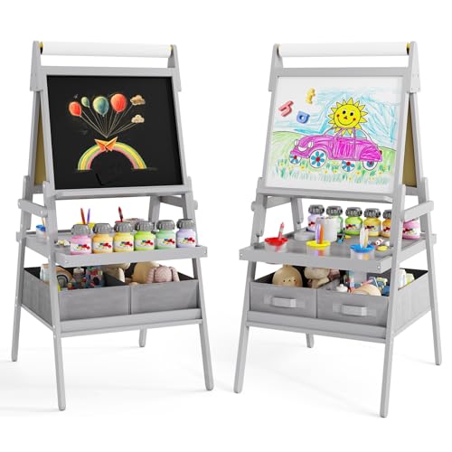 DREAMADE 3 in 1 Kinder Staffelei, doppelseitige Staffelei mit magnetischem Whiteboard, Kreidetafel, Papierrolle, 4 Farbbechern & 2 Stoffboxen, Kunststaffelei für Kinder ab 3 Jahre (Grau) von DREAMADE