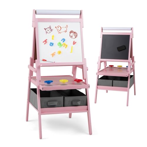 DREAMADE 3 in 1 Kinder Staffelei, doppelseitige Staffelei mit magnetischem Whiteboard, Kreidetafel, Papierrolle, 4 Farbbechern & 2 Stoffboxen, Kunststaffelei für Kinder ab 3 Jahre (Rosa) von DREAMADE