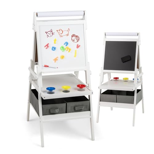 DREAMADE 3 in 1 Kinder Staffelei, doppelseitige Staffelei mit magnetischem Whiteboard, Kreidetafel, Papierrolle, 4 Farbbechern & 2 Stoffboxen, Kunststaffelei für Kinder ab 3 Jahre (Weiß) von DREAMADE
