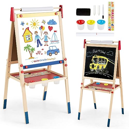 DREAMADE 3 in 1 Kinder-Staffelei aus Holz, Doppelseitige Standtafel mit Kreidetafel & magnetischem Whiteboard, Höhenverstellbare Kindertafel mit Papierrolle & viel Zubehör, für Kinder Malen von DREAMADE
