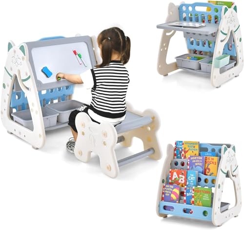 DREAMADE 3-in-1 Kinder Staffelei mit Hocker, doppelseitige magnetische Zeichentafel mit Bücherregal, 2 Boxen & 4 bunten Markern, verstellbare Maltafel mit Sitz, für Kinder 1-5 Jahre (Grau + Blau) von DREAMADE