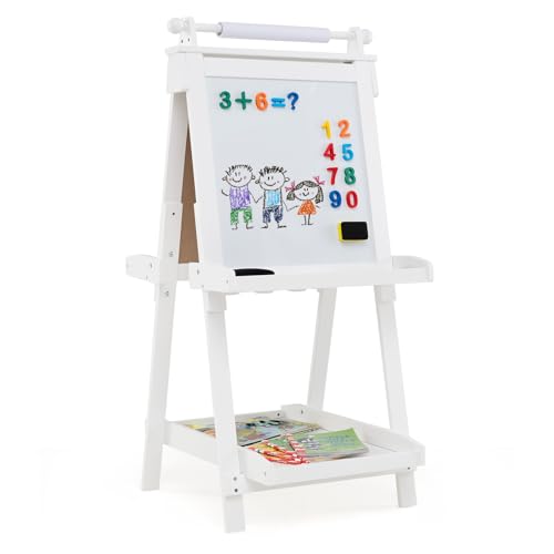 DREAMADE Kindertafel, faltbare Staffelei höhenverstellbar mit magnetischem Whiteboard, Kreidetafel mit 3 Farbnäpfen,2 kleine Ablagefacher & 1 groBeres unteres Tablett, für Kinder ab 3 Jahren (Weiß) von DREAMADE