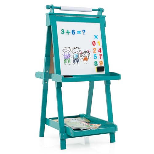 DREAMADE Kindertafel, faltbare Staffelei höhenverstellbar mit magnetischem Whiteboard, Kreidetafel mit 3 Farbnäpfen,2 kleine Ablagefacher & 1 groBeres unteres Tablett, für Kinder ab 3 Jahren (Grün) von DREAMADE
