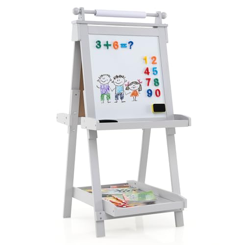 DREAMADE Kindertafel, faltbare Staffelei höhenverstellbar mit magnetischem Whiteboard, Kreidetafel mit 3 Farbnäpfen,2 kleine Ablagefacher & 1 groBeres unteres Tablett, für Kinder ab 3 Jahren (Grau) von DREAMADE