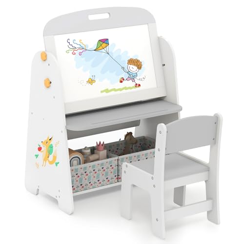 DREAMADE Kindertafel mit Stuhl, Kinder doppelseitige Staffelei mit Magnetischer Kreidetafel & Weißtafel,sicheres Spieltafel mit Stoffkiste, für Kinder ab 3 Jahren (Grau) von DREAMADE